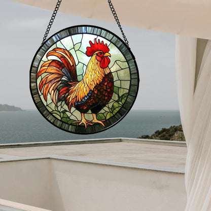 Stained Glass Window Hanging - Rooster Suncatcher for Doors Garden Patio Retro Colored Chicken Sun Catchers Decor Christmas Mother's Day Birthday Gifts for Women Men Mom Nana Friend 6.3 in