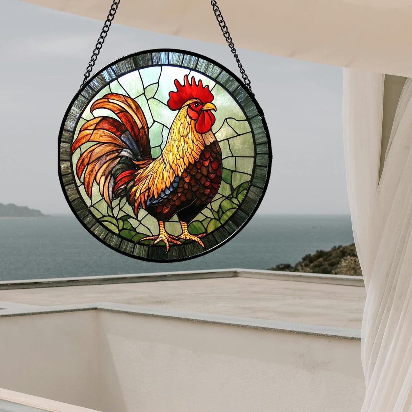 Stained Glass Window Hanging - Rooster Suncatcher for Doors Garden Patio Retro Colored Chicken Sun Catchers Decor Christmas Mother's Day Birthday Gifts for Women Men Mom Nana Friend 15 in