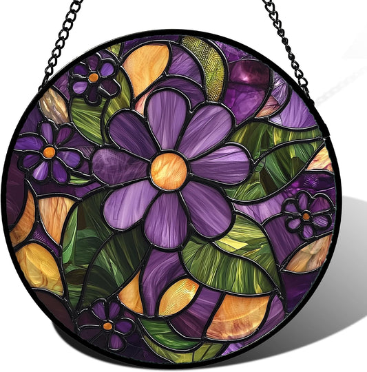 Stained Glass Window Hanging, Purple Green Flowers Sun Catcher for Door Home Decor Plants