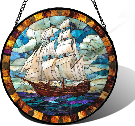 Stained Glass Window Hanging, Sailing Ocean Sun Catchers Glass Panel Navigation Suncatcher Decor