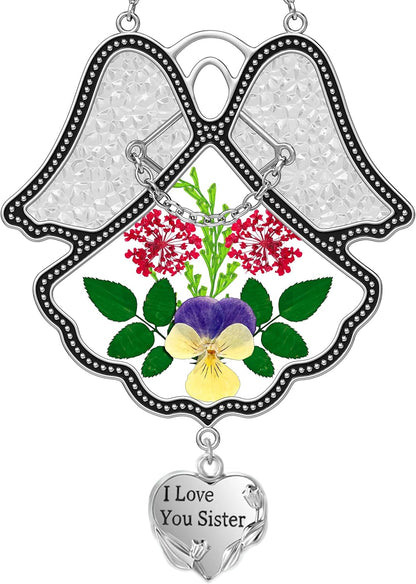 KY&BOSAM Angel Suncatcher I Love You Sister Stained Glass Panels for Windows Wind Chime with Pressed Flower Glass with Metal Heart Charm Birthday Gift for Women Sister for Mothers Day Christmas Decor