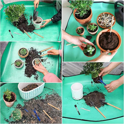 Plant Repotting Mat for Garden, 2 Pcs Waterproof Foldable Indoor Plant Mat Portable Square Gardening Mat Potting Tray with 6 Pcs Mini Garden Tools Set for Plant Lovers Gardening Gifts
