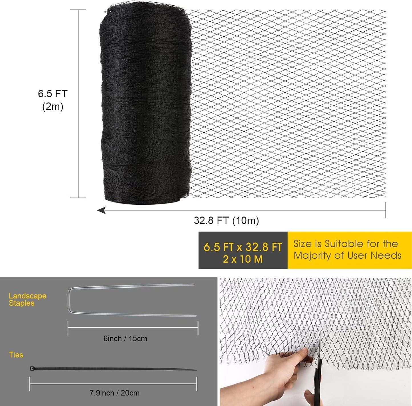Bird Netting for Garden - 6.5 x 32.8 FT Heavy Duty Anti Bird Netting Mesh with Ties and Landscape Staples for Vegetable, Fruit Trees & Other Plants, Lasting Against Birds Deer Squirrels and Poultry