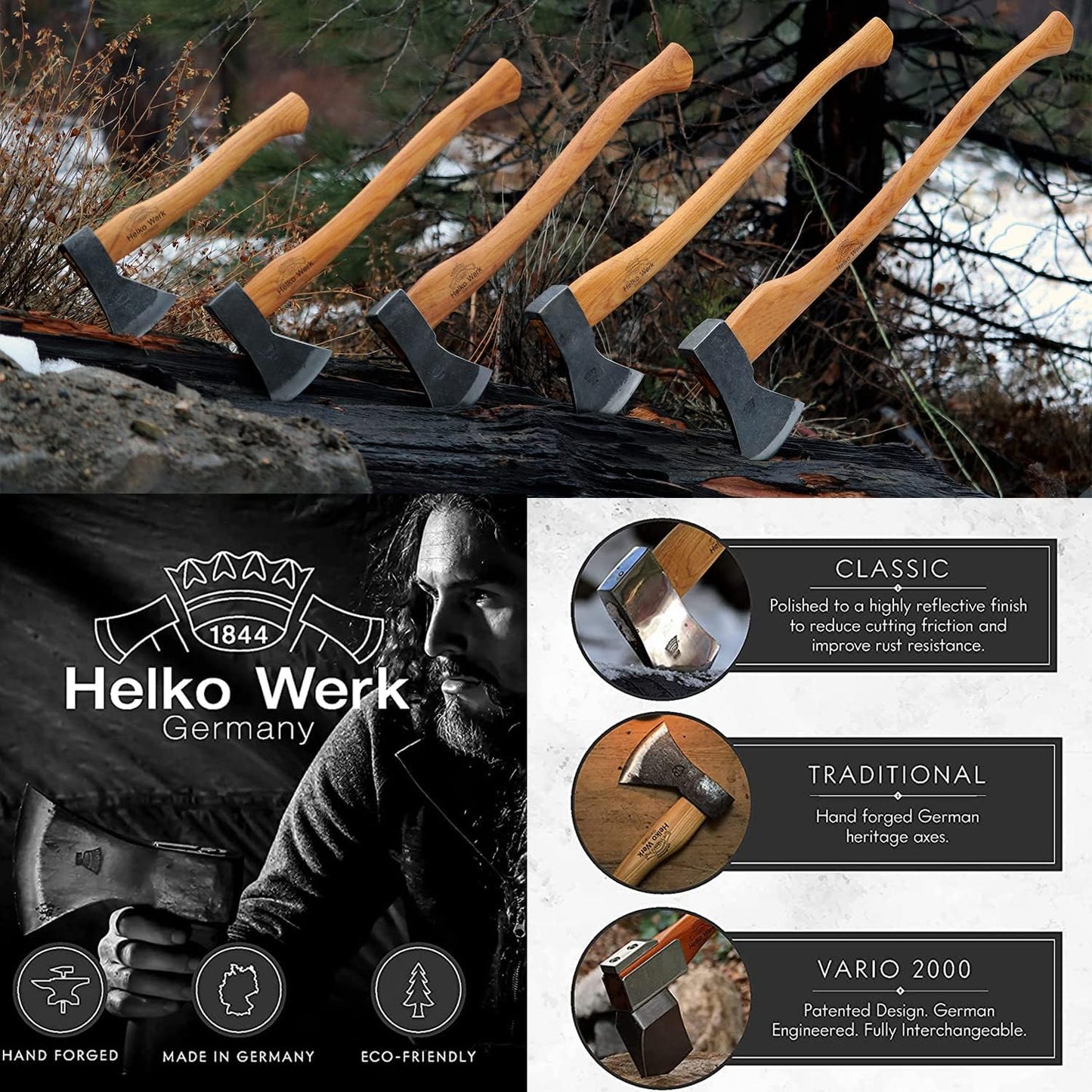 1844 Helko Werk Germany Traditional Black Forest Woodworker Axe - Made in Germany Hand Forged Bushcraft Axe and Forest Axe for Cutting Head 2.25 lbs, Handle 24 in. (Black Forest Wood Worker) #13562