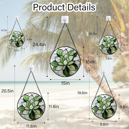 Stained Glass Window Hanging - Green Succulent Plants Suncatcher for Doors Garden Patio Floral Sun Catchers Decor Christmas Mother's Day Birthday Gifts for Women Men Mom Nana Friend 15 in