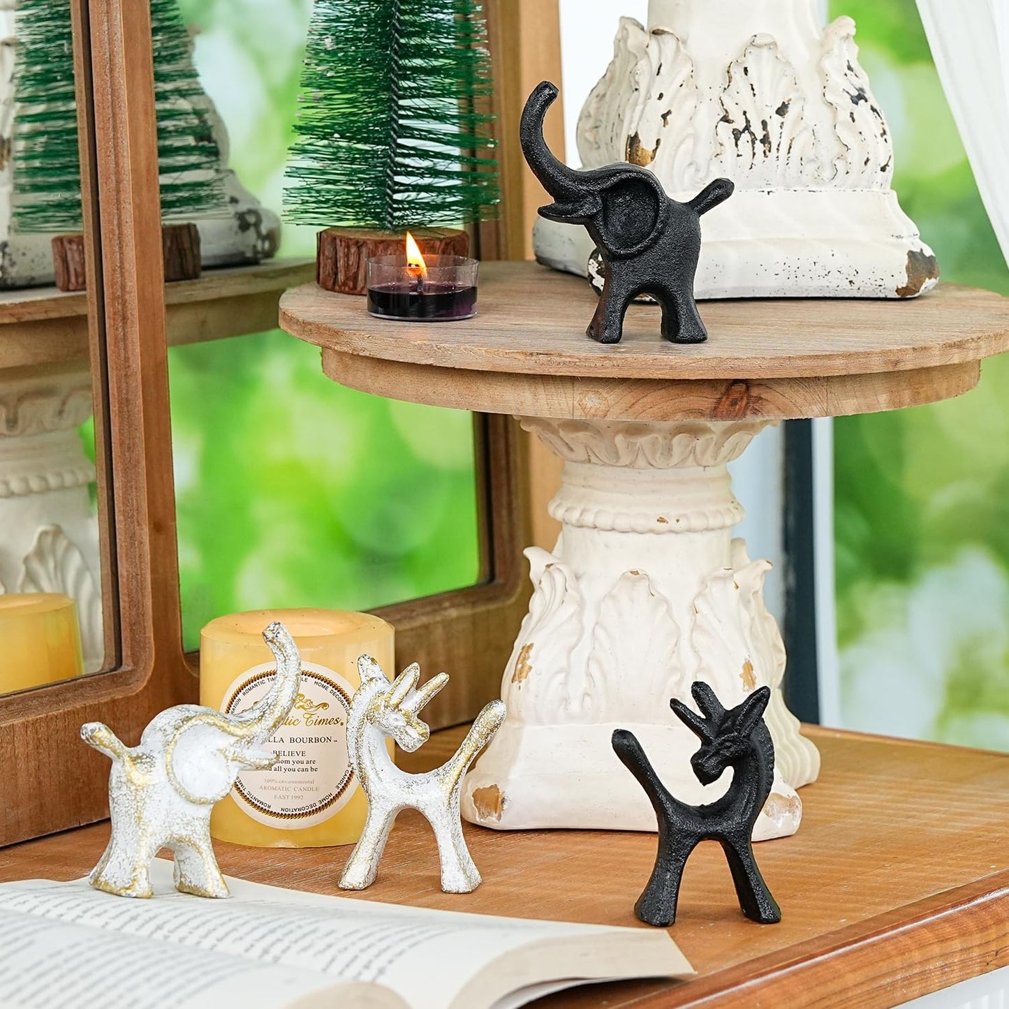 Sungmor Set of 2 Cast Iron Elephant & Unicorn Figurines - Rustic White Animal Sculptures for Shelf, Desk, or Entryway - Heavyweight Decorative Mini Cute Statues - Whimsical Vintage Home Décor
