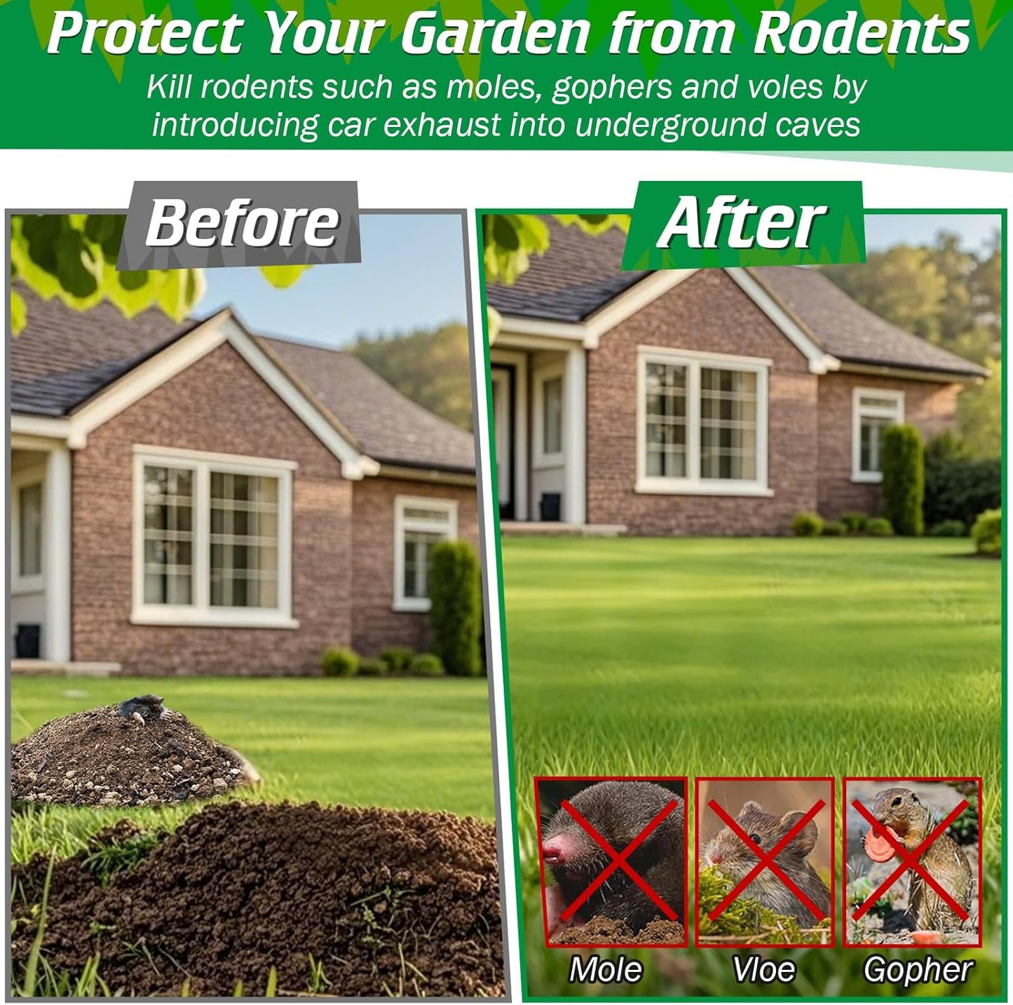 Qualirey Pest Control Exhaust Pipe Attachment with 2 Way Hose Splitter, Transport Exhaust from Car to Underground for Killing Outdoor Rodents Such as Moles, Gophers (Fit for Pipe in 2"-2.4"/3"-3.5")