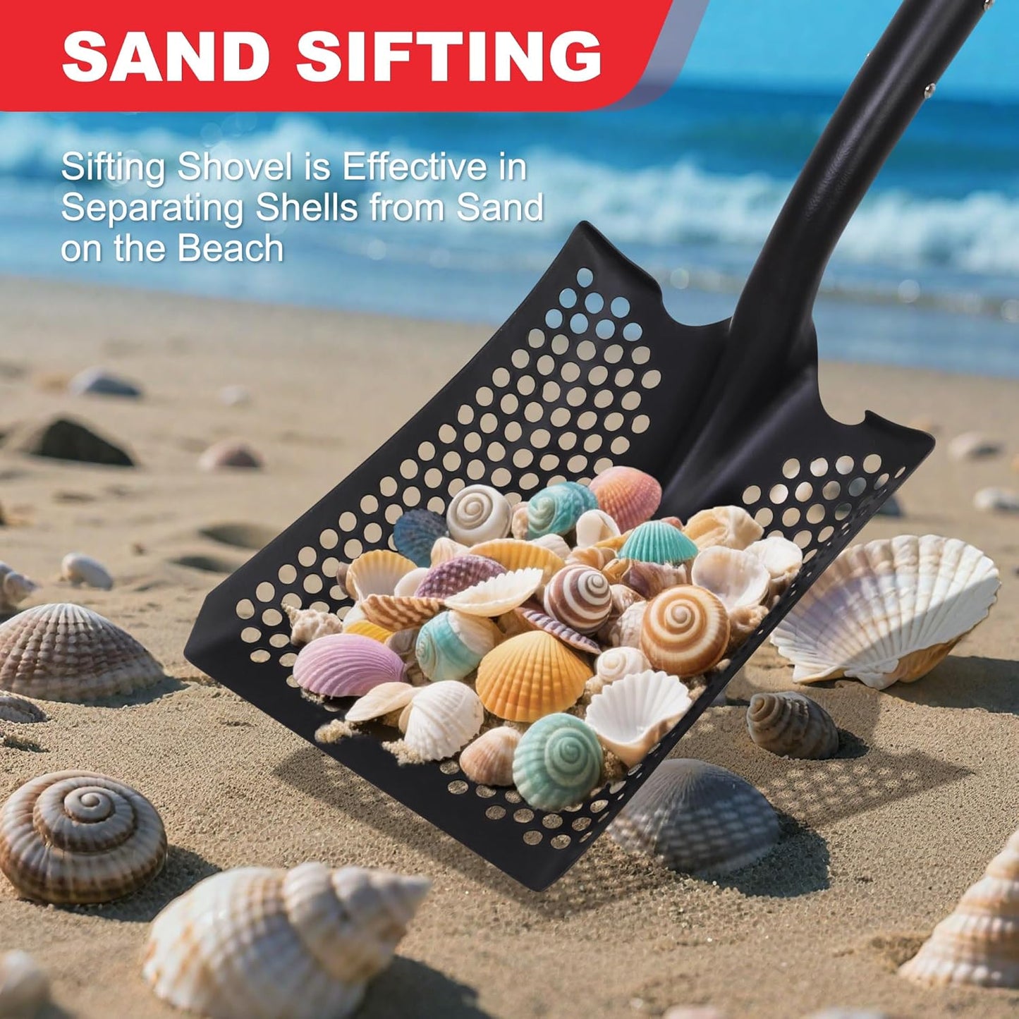SHARK ATTACK Heavy Duty Sifting Shovel, 45 Inch Powder Coated Steel Mesh Shovel with D-Grip Handle for Beach, Soil & Chicken Coop, Farm Goat Stall Sand Poop Cleaning
