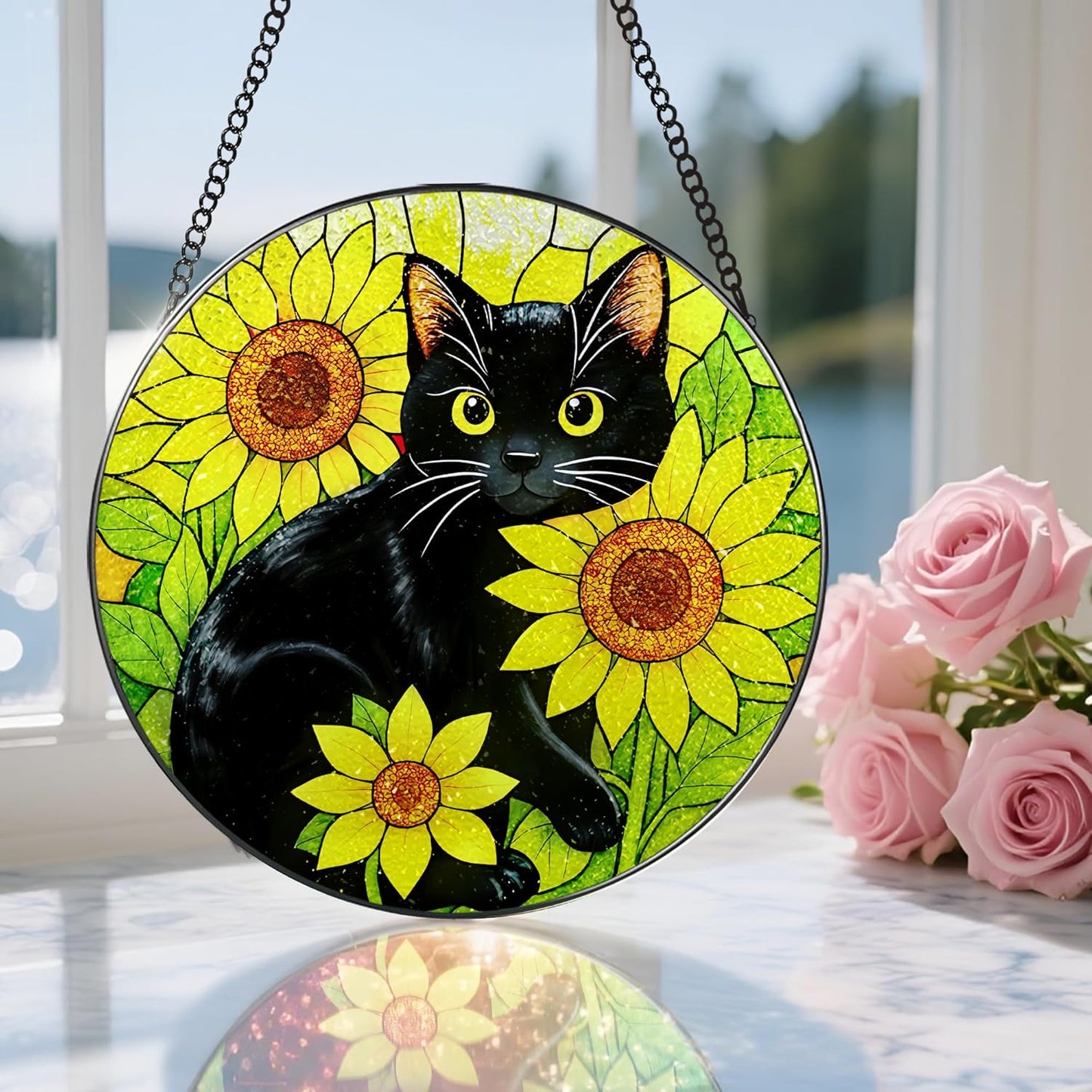 Stained Glass Window Hanging, 8 Inch Black Cat Sun Catcher, Suncatchers for Windows, Sunlight Catcher Glass, Window Hanging Decor, Gifts for Cats Lovers, Mom Gift, Black Cat Decor Gifts