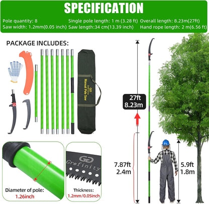 27FT Manual Pole Saw, Tree Branch Trimmer with 8-Section Fiberglass Handle, Sharp Steel Blade, Lightweight Extendable Design for High Branch Trimming, Ideal for Palms and Shrubs