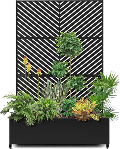 15.7"×70.9"×47.2" Metal Raised Garden Bed with Trellis and Wheels - Tall Trellis Planter Box for Climbing Plants, Vegetables & Vines - Outdoor Privacy Planters for Patio (Black-Parallel)