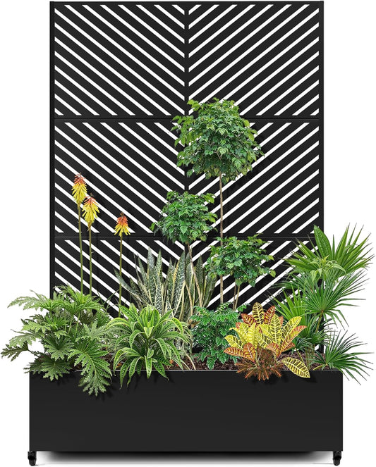 15.7"×70.9"×47.2" Metal Raised Garden Bed with Trellis and Wheels - Tall Trellis Planter Box for Climbing Plants, Vegetables & Vines - Outdoor Privacy Planters for Patio (Black-Parallel)