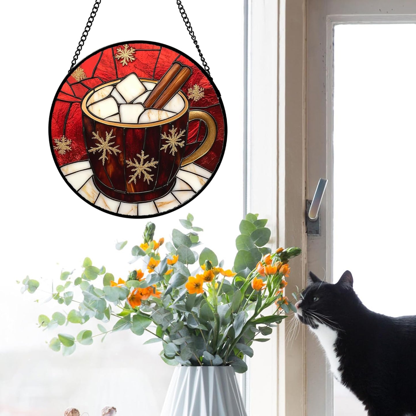 Stained Glass Window Hanging 4 Pcs Set Red Christmas Themed Decorations 9.8" - Suncatcher Door Garden Sun Catcher Decor Birthday New Year for Mom Woman Nana Men