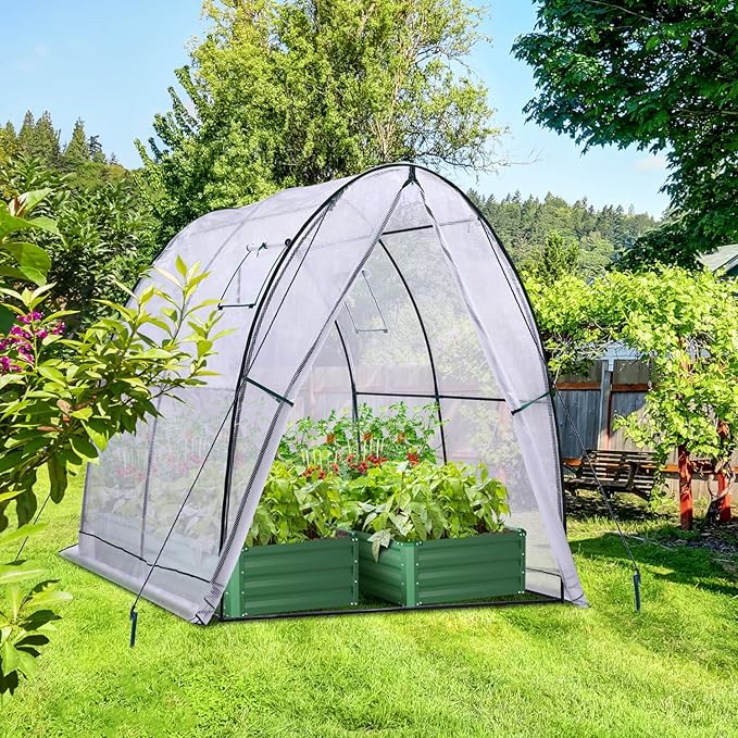 Ohuhu Portable Tunnel Greenhouse Outdoor: Heavy Duty Walk in Green House with Mesh Windows Durable Plastic PE Cover for Outside, 5.9x5.9x6.6 FT, White