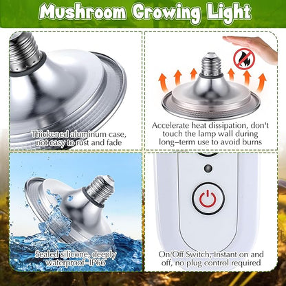 Meonum Mushroom Grow Light with 3/6/9 Hour Timer, 360° LED Hanging Grow Lights Bulb for Mushroom with 6.5ft Extension Cord, 6000K Blue&5000K White Lamp for Indoor Plants Growing Kit Supplies (1 Pack)