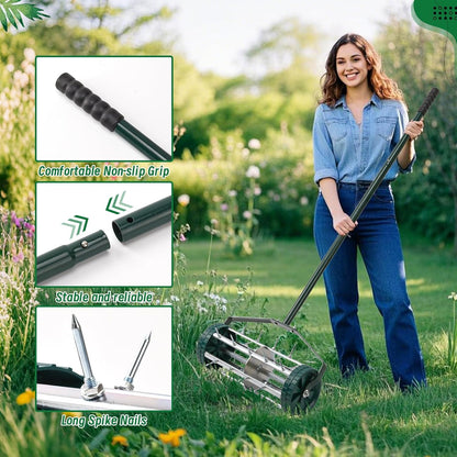 18-Inch Spike Rolling Lawn Aerator for Grass. Heavy Duty Manual Push Aerator Lawn Tool,Soil Health for Garden&Yard Tool(Green)