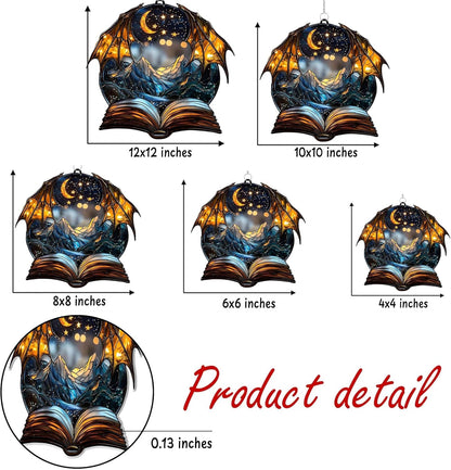 Dragon Wings Book Bookish Acrylic Suncatcher Stained Glass Effect Window Car Hanging Christmas Ornament Indoor Outdoor Decor Garden Bookworm Sun Catcher Book Lover for Women Mom Grandma