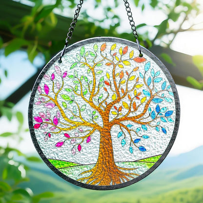 Kanpura Tree of Life Stained Glass Suncatcher Colorful Leaves Suncatchers for Window Hanging Stained Glass Panel Decor for Women (6.3 Inch)