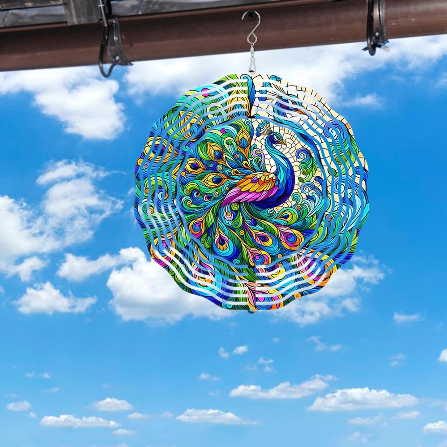 Peacock Wind Spinner 3D Stainless Steel Kinetic Sculpture Metal Art Christmas 10 Inch Colorful Hanging Decoration for Garden, Patio, Yard, and Indoor/Outdoor Spaces