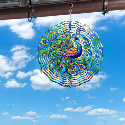 Peacock Wind Spinner 3D Stainless Steel Kinetic Sculpture Metal Art Christmas 10 Inch Colorful Hanging Decoration for Garden, Patio, Yard, and Indoor/Outdoor Spaces