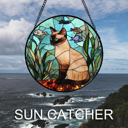 Stained Glass Window Hanging Cat Fish Plants 7.8" - Suncatcher Door Garden Sunroom Sun Catcher Home Decor Birthday Christmas for Lost Pets Cat Lovers Mom Men Woman