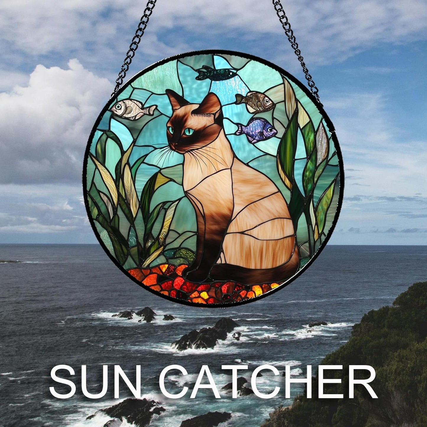 Stained Glass Window Hanging Cat Fish Plants Large 11.8" - Suncatcher Door Garden Sunroom Sun Catcher Home Decor Birthday Christmas for Lost Pets Cat Lovers Mom Men Woman