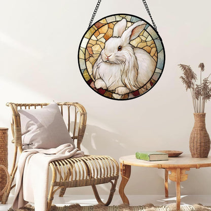 Stained Glass Window Hanging Cute White Angora Rabbit 6.3" - Bunny Suncatcher Door Garden Sunroom Sun Catcher Home Decor Birthday Christmas for Mom Men Woman Nana