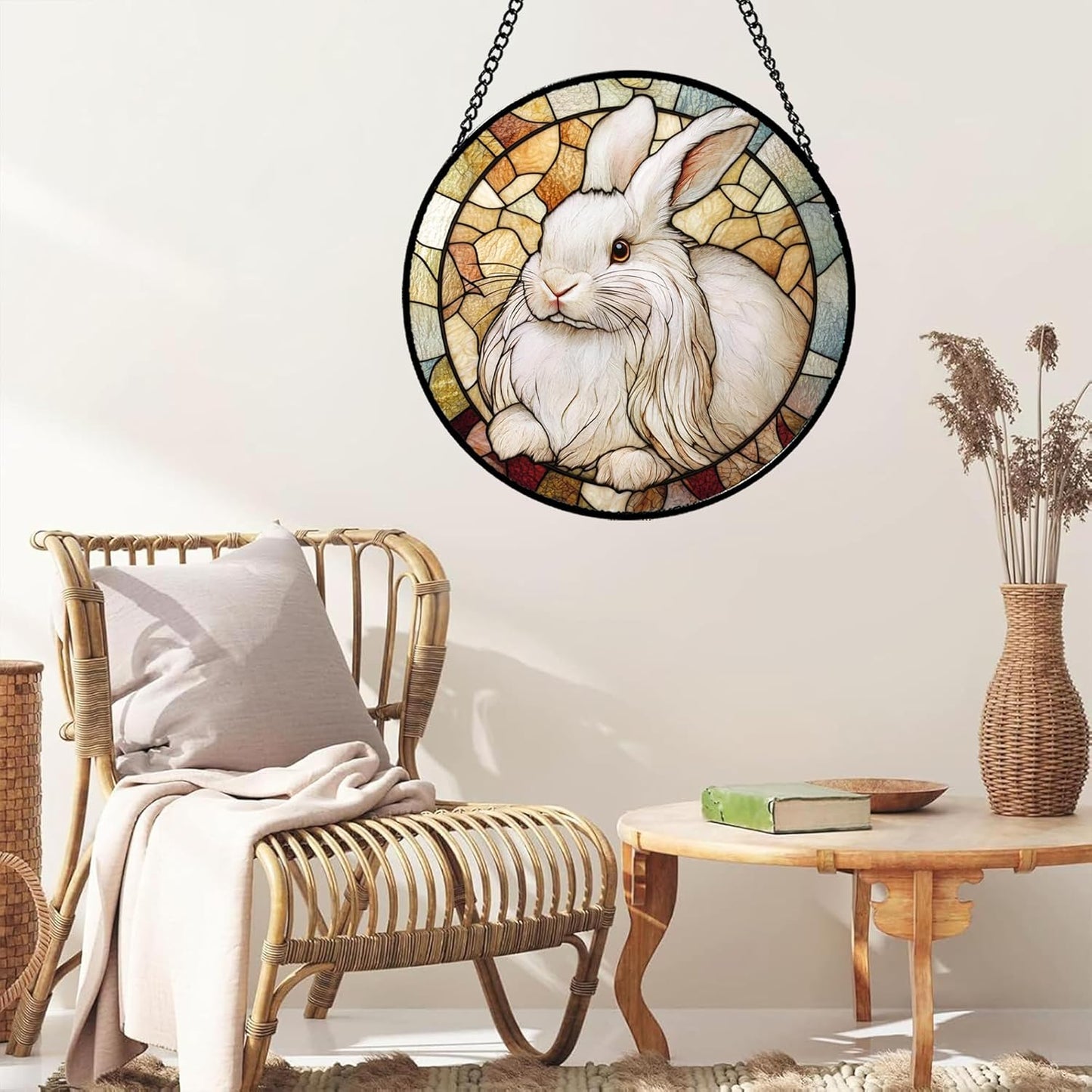 Stained Glass Window Hanging Cute White Angora Rabbit Large 15" - Bunny Suncatcher Door Garden Sunroom Sun Catcher Home Decor Birthday Christmas for Mom Men Woman Nana