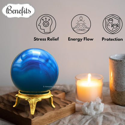 Amazing Gemstone Blue Onyx Crystal Ball with Stand - 2" Inches Crystal Sphere Meditation Balls for Witchcraft and Decorative Balls