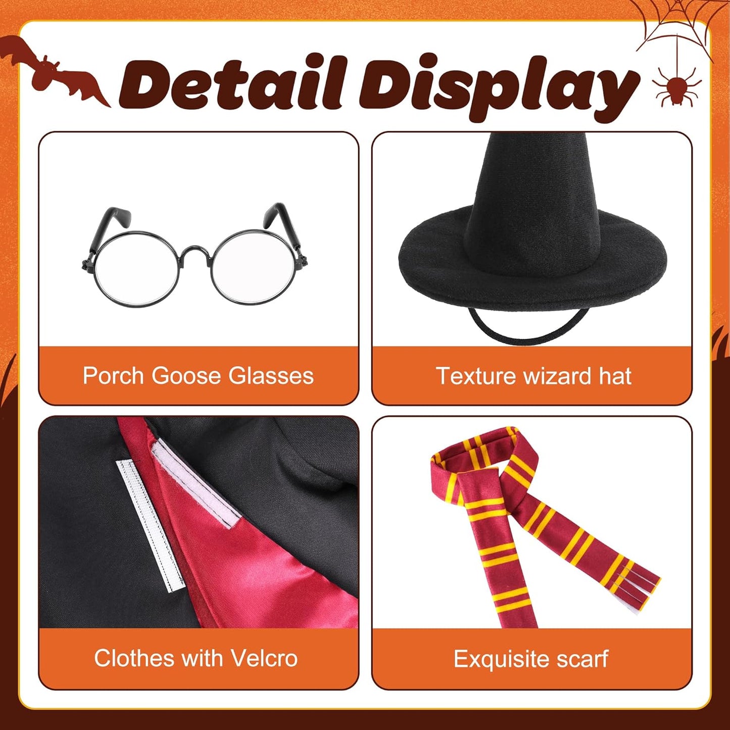 4 Pcs/Set Halloween Witch Goose Outfits, Lawn Porch Goose Statue Wizard Costume, Garden Goose Witches Clothes with Hat Scarf Glasses for 23" Statue Halloween Fall Christmas Outdoor Patio Yard Decor