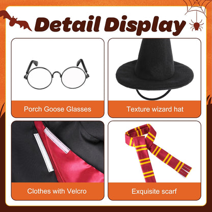 4 Pcs/Set Halloween Witch Goose Outfits, Lawn Porch Goose Statue Wizard Costume, Garden Goose Witches Clothes with Hat Scarf Glasses for 23" Statue Halloween Fall Christmas Outdoor Patio Yard Decor