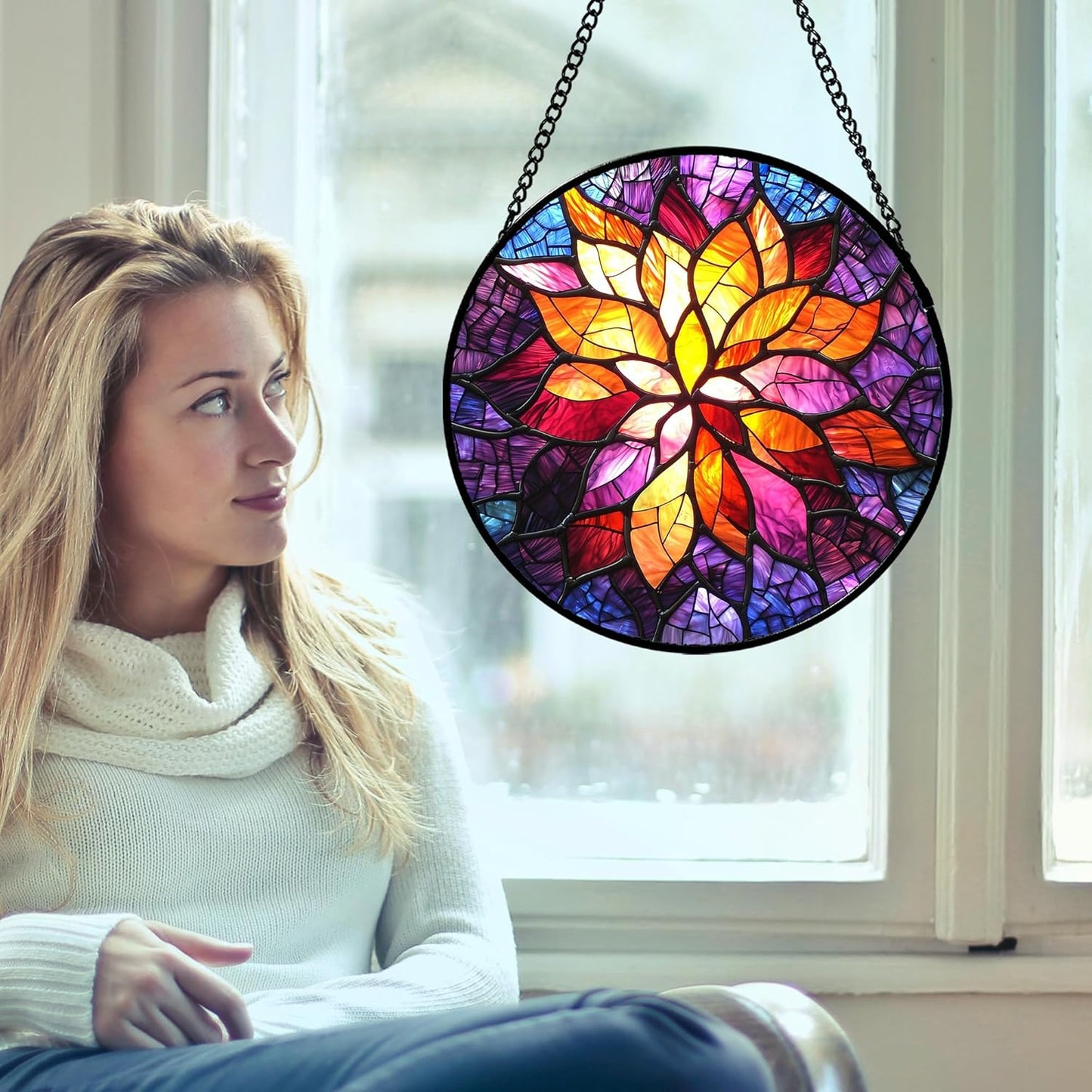 Stained Glass Window Hanging, Fuchsia Abstract Flowers Suncatcher for Window Home Decor Orange Sun Catcher Mother's Day Birthday Gifts for Women Men Mom Nana 11.8 in