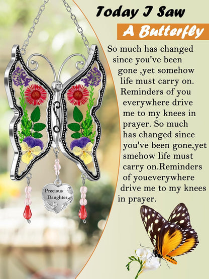 KY&BOSAM Butterfly Suncatcher Precious Daughter Stained Glass Sun Catchers Hangings for Windows Wind Chime Ornament with Real Flower Wings and Metal Charm Birthday Gifts for Mother`s Day Valentine's