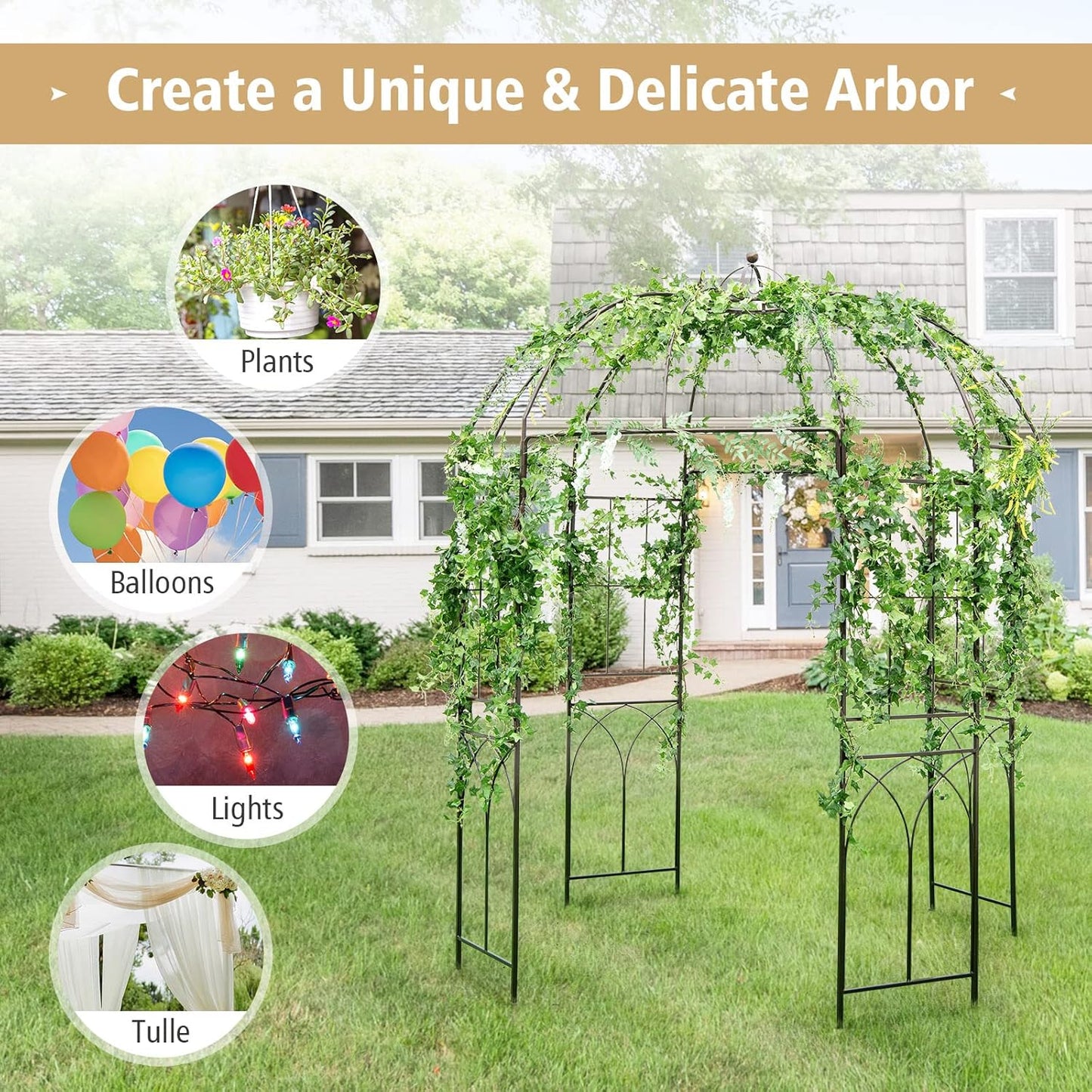 Moccha Birdcage Shape Garden Arch, 8.4’ H x 7’ W Pergola Pavilion Arch for Climbing Plants, French Style Gazebo with 16 Ground Stakes, Outdoor Metal Garden Arbor for Wedding Party Decoration, Bronze