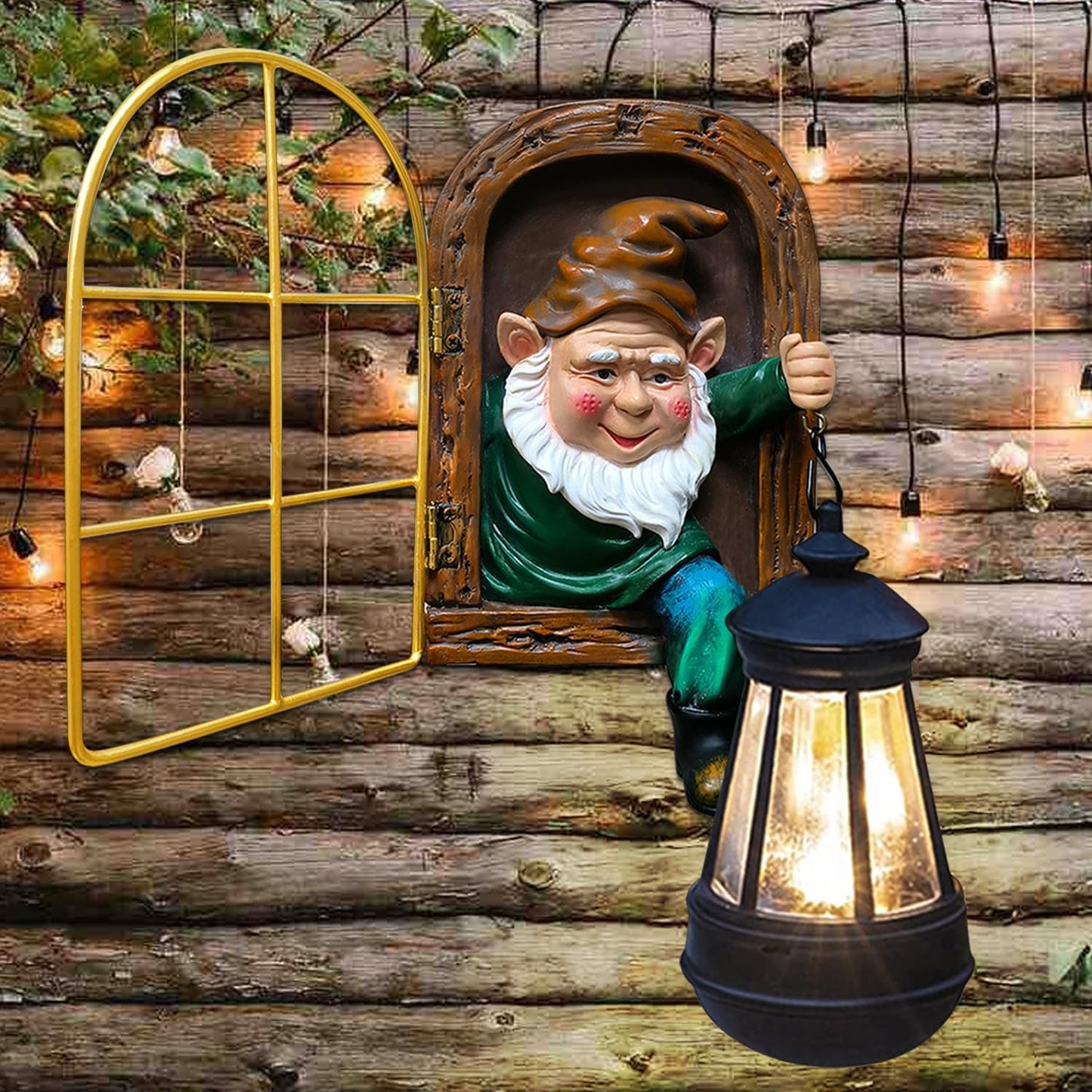 Fairy Garden Garden Gnomes with Solar Lantern Lights - Whimsical Elf Out The Window Yard Decorations Outdoor Tree Hugger Statues, Tree Face Sculpture, Ideal Gnomes Gifts for Patio, Fence, Wall