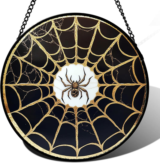 Stained Glass Window Hanging - Black Gold Spider Suncatcher for Door Terrace Garden Home Decor
