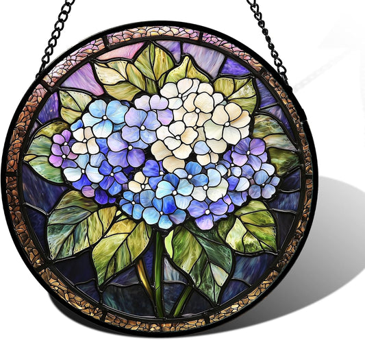 Stained Glass Window Hanging, Hydrangea Flowers Sun Catchers Diamond Glass Panel Hangings Plant