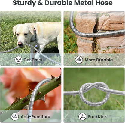 Giraffe Tools Garden Hose 50ft x 5/8", 304 Stainless Steel Metal Water Hose, No Kink Garden Water Hose with 9 Pattern Spray Nozzle, Flexible, Lightweight, Kink Free Hose for Yard, Outdoor