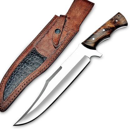 Handmade D2 Steel 14 Inch Full Tang Bowie Knife with sheath, Hunting knife with Wood Handle and steel Guard Ideal for Bushcraft, Camping, Survival, Hunting & outdoor use