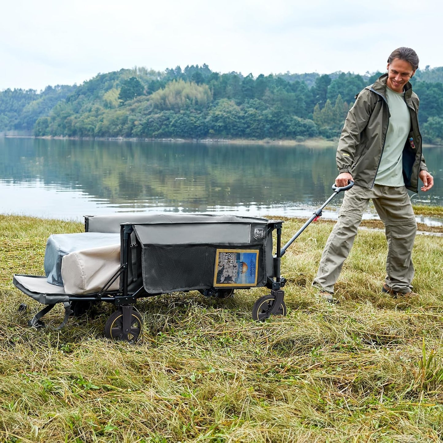 TIMBER RIDGE 49" Extra Long Collapsible Folding Wagon with Tailgate and Brakes, 250L Capacity All-Terrain Wagon Carts Foldable, 300lbs Portable Cart for Dog, Garden, Outdoor Camping Sports, Grey