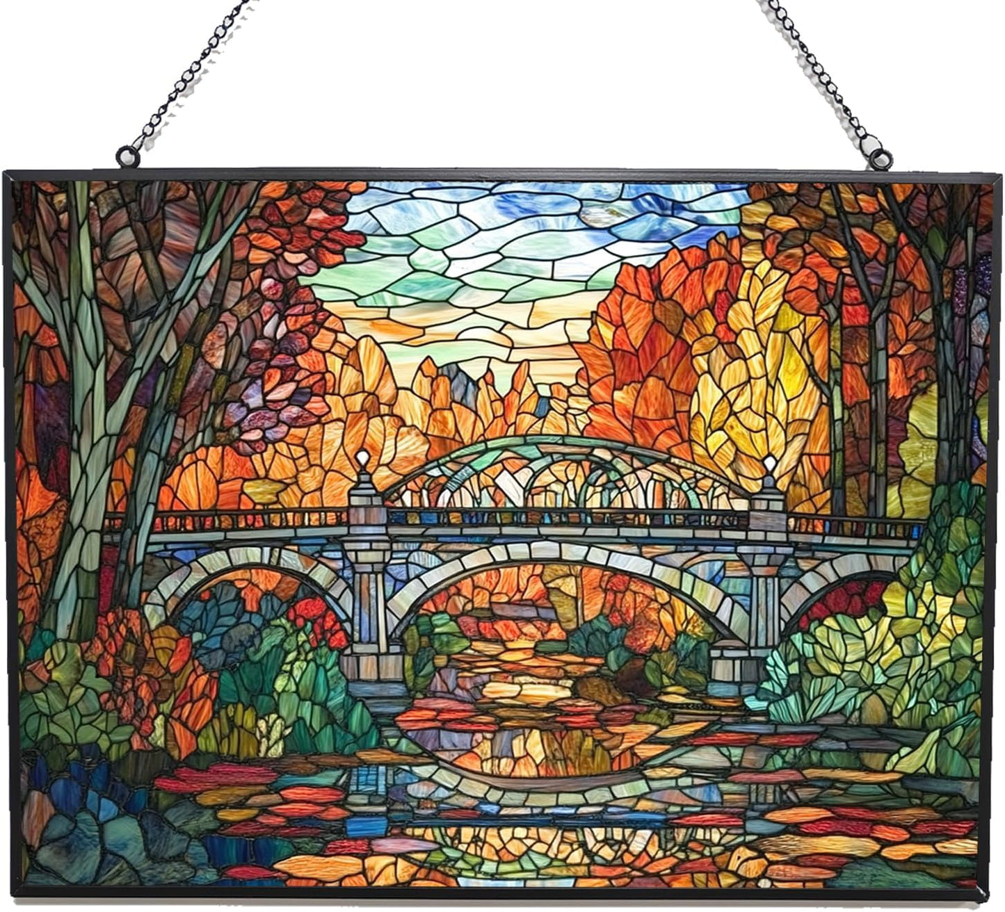 Rectangle Art Nouveau Forest Train Bridge Stained Glass Sun Catcher, Wall Hanging Colored Decor Room Indoor Window Decor, Halloween, Christmas Hanging Ornament Mother Day