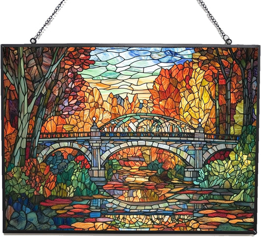 Rectangle Art Nouveau Forest Train Bridge Stained Glass Sun Catcher, Wall Hanging Colored Decor