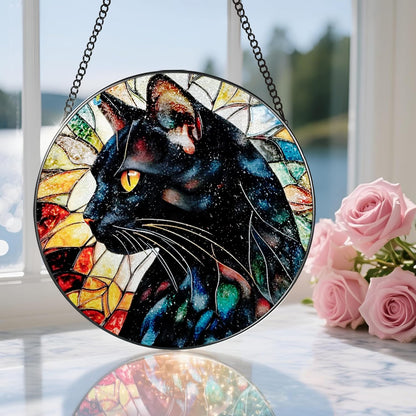 8″ Stained Glass Window Hanging Ornament, Black Cat Stained Glass Suncatcher Ornament, Sun-Catcher Window Decor | Gifts for Cat Lovers, Pet Lover Gift