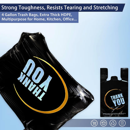 4 Gallon Small Black Trash Bags with Handles 100 Count, 11" x 21" Plastic Garbage Bags for Home, Kitchen, Office, Bathroom Thank You T-Shirt Style Bags for Small Business, Takeout, Grocery Use
