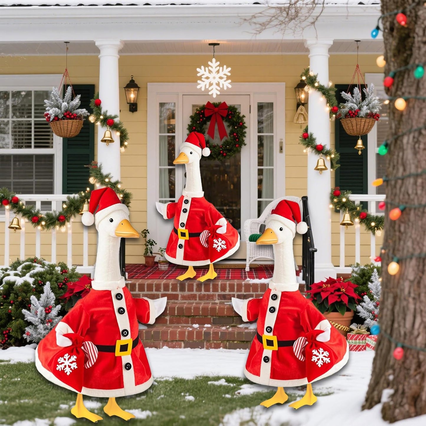 Christmas Santa Porch Goose Outfit for Large 23" High Cement or Plastic Goose Statue, Yard Goose Cloths with Snowflake Gift Bag and Christmas Hat Decor for Outdoor Lawn Gaden Patio