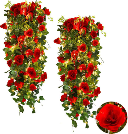 RECUTMS Hanging Flowers Artificial Hanging Rose Flower 2PCS 3.3Ft for Outdoors with 30 LED Fairy String Lights for Indoor Wall Wedding (Red)
