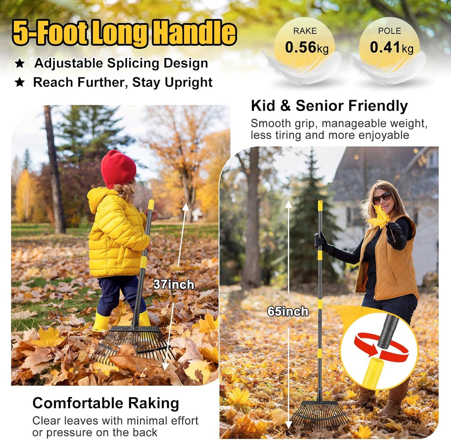 Rake for Leaves: Heavy Duty Metal Leaf Rake with 25 Tines- 18" Wide Head, 79" Splicing Handle, Durable Steel Yard Lawn, Garden,Camping Clean Gardening Tools for Thatch Grass Leaves Gravels Mulch