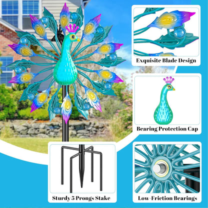 Metal Outdoor Wind Spinner, 2-Way Wind Sculpture Spinner with Metal Stake, Waterproof 360 Degrees Kinetic Windmill Art Decoration for Patio Garden Lawn (Peacock B)
