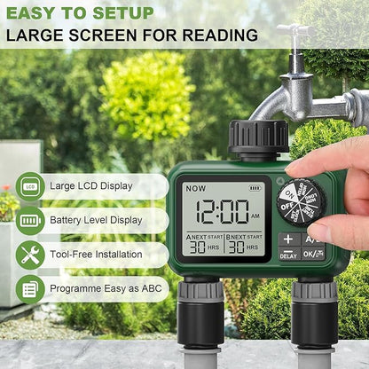 2 Outlet Sprinkler Timer, XinFuture Water Timer, Programmable Garden Hose Timer with Rain Delay, Manual& Automatic Watering System, Waterproof Digital Irrigation Timer for 2 Separate Watering Zones