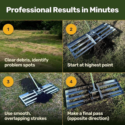 Lawn Leveling Rake 30″ x 10″ – Heavy Duty Carbon Steel Ground Leveler Tool for Yard, Soil, Sand & Grass – Professional Landscape Rake for Lawn, Garden & Golf Course
